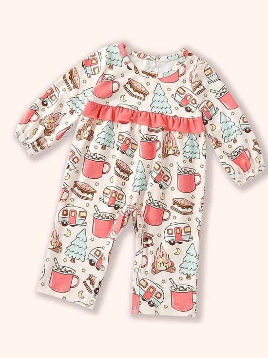 Pete + Lucy Other - Toddler Camping Print Ruffle One-Piece Bodysuit - Pink Cream
